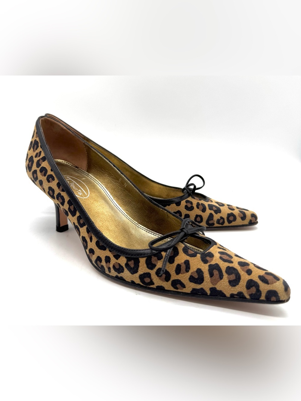 Talbots Leopard Suede Pointed Toe Kitten Heel Pumps Bow 8N